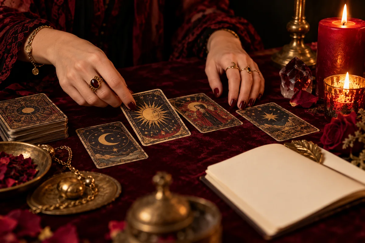 Manos junto a cartas de tarot y velas durante una consulta espiritual